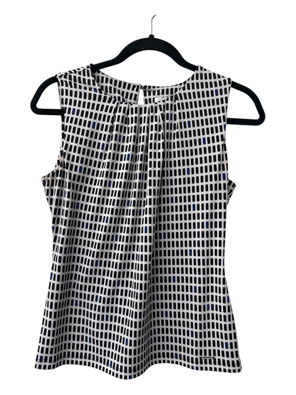 Calvin Klein Black, Blue, and White Sleeveless Geometric Print Blouse